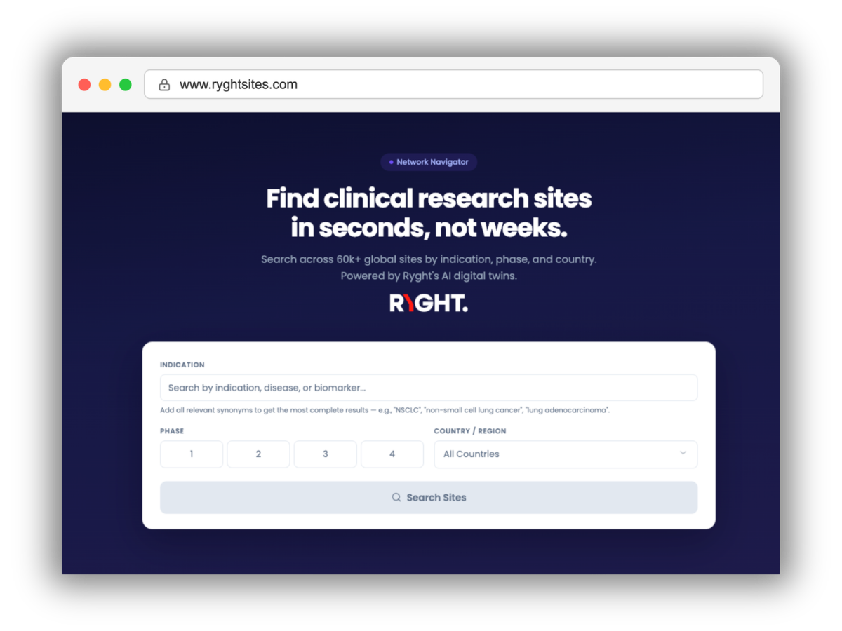 Ryght Sites - Free AI powered clinical research site selection search engine (1200 x 900 px)